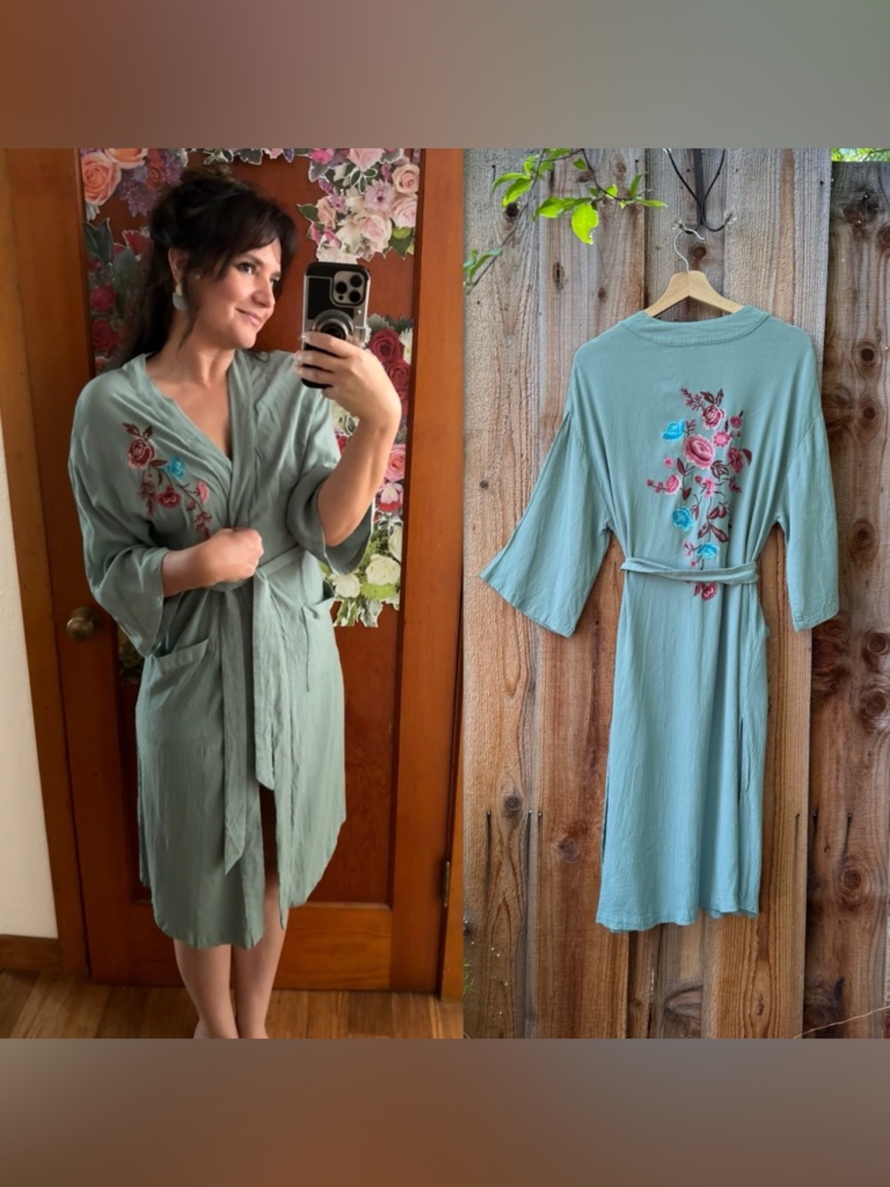 Vintage Sage Floral Appliqué Lounge Robe 🌿